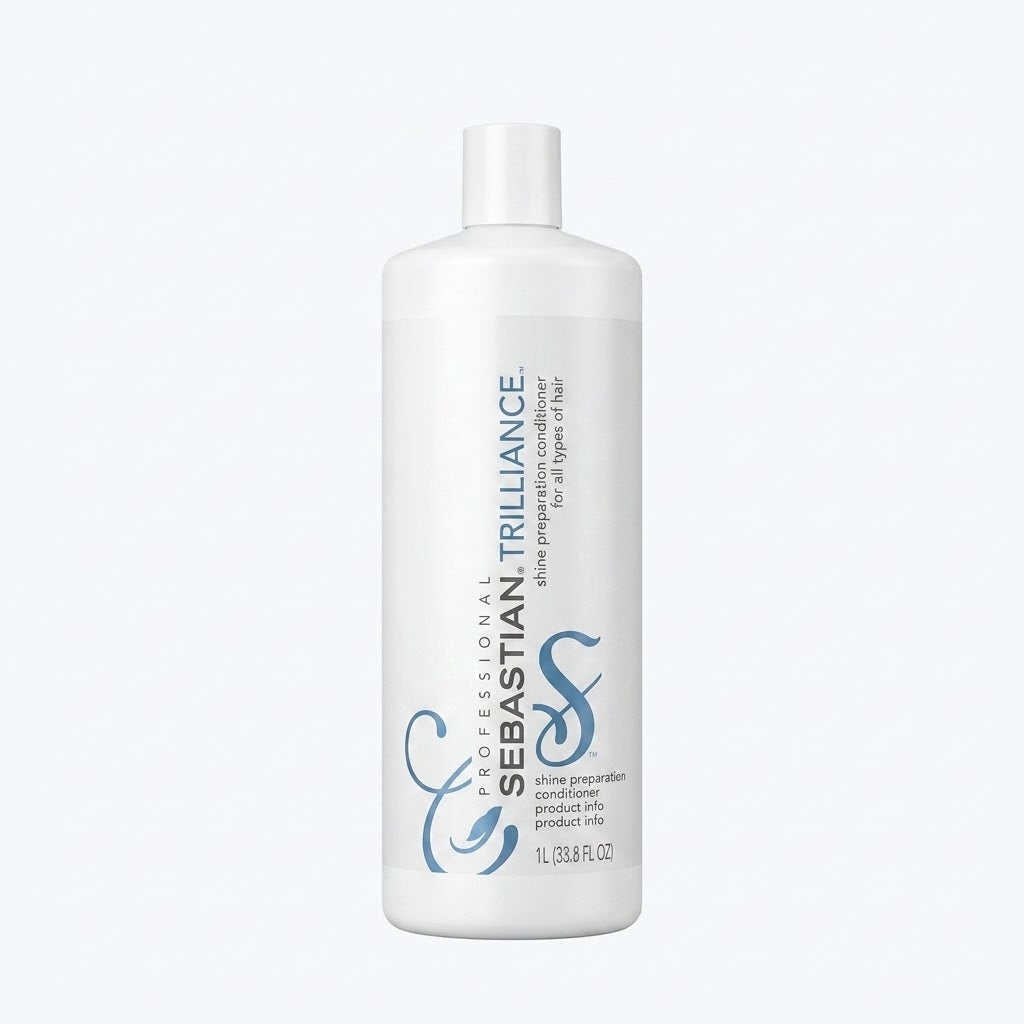 A 1L white bottle of Sebastian Trilliance Silk Enhancing Conditioner for all types of hair