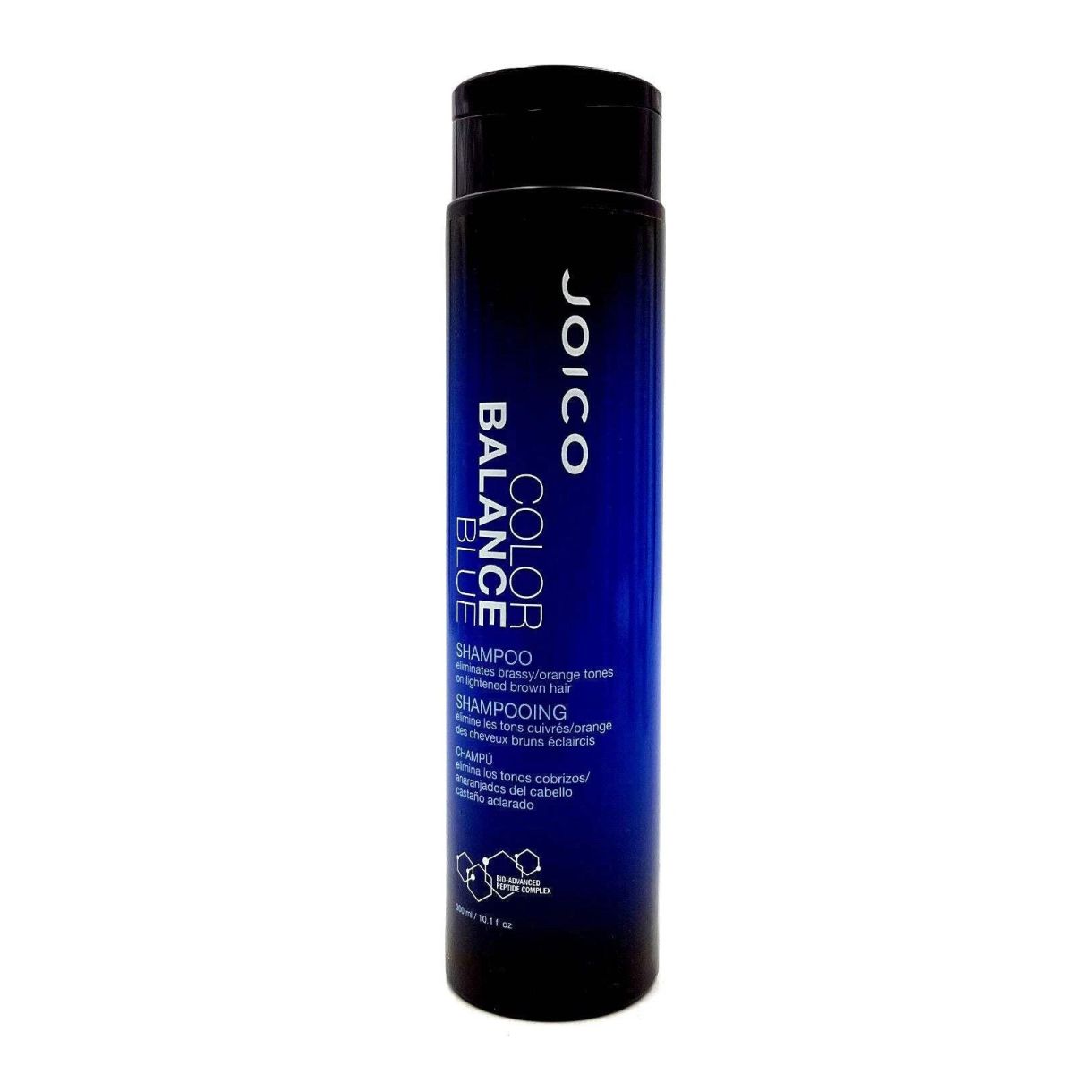 Joico Color Balance Shampoo in a tall, dark blue cylindrical bottle with a black cap, shown against a plain white background.
