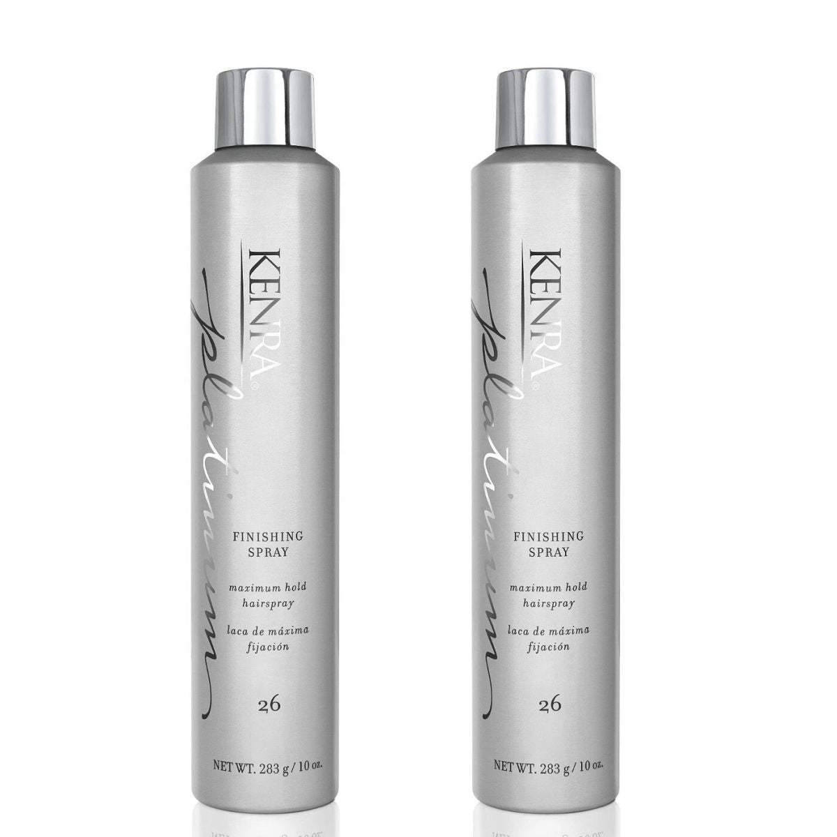 Two silver canisters of KENRA hair spray side by side on a white background.