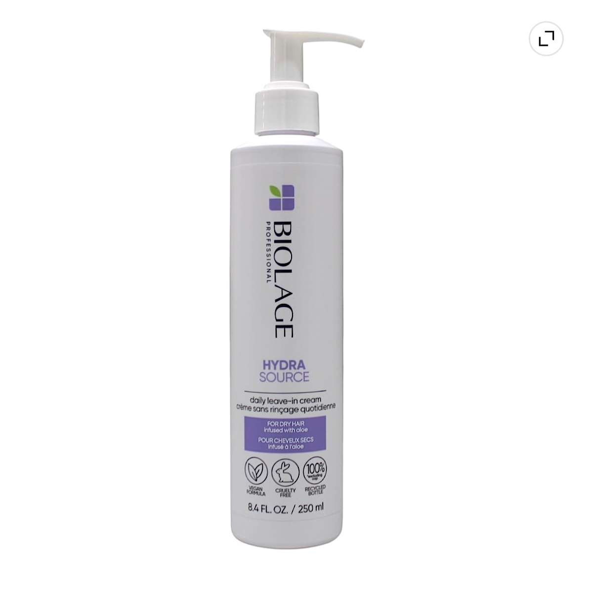 A white pump bottle of BIOLAGE Professionals Hydra Source daily lotion cream, 8.4 fl.