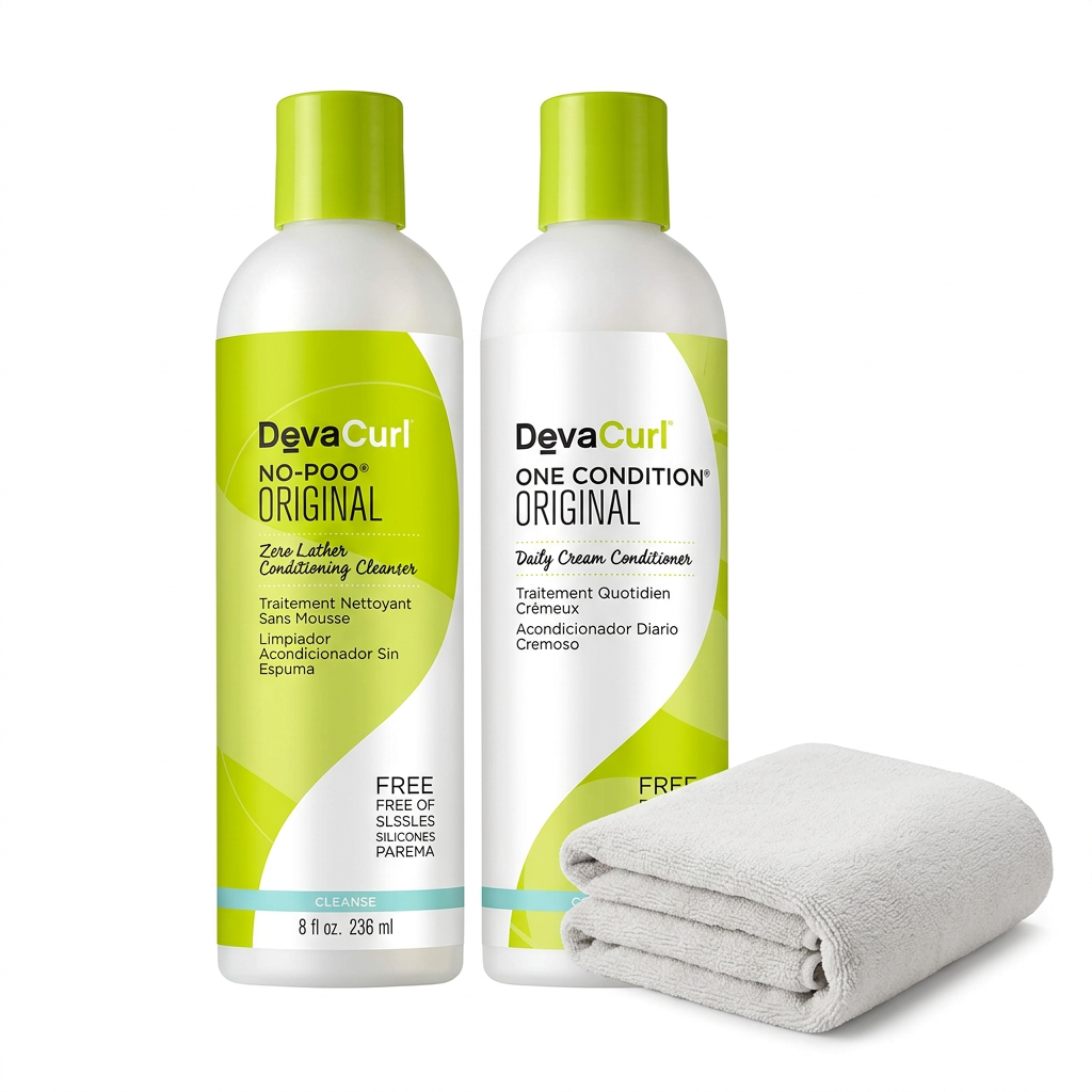 DevaCurl No-Poo Original and One Condition Original with a microfiber towel