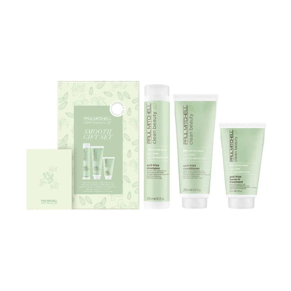 Paul Mitchell Clean Beauty Anti-Frizz 3pc Gift Set with shampoo, conditioner and leave-in treatment in green and white packaging