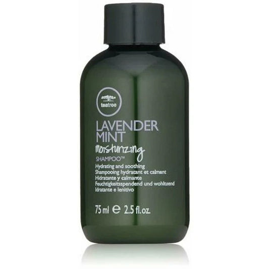 A 75 ml bottle of tea tree Lavender Mint Moisturizing Shampoo by tea tree, in a dark green translucent bottle with a black cap, on a white background with a soft reflection.