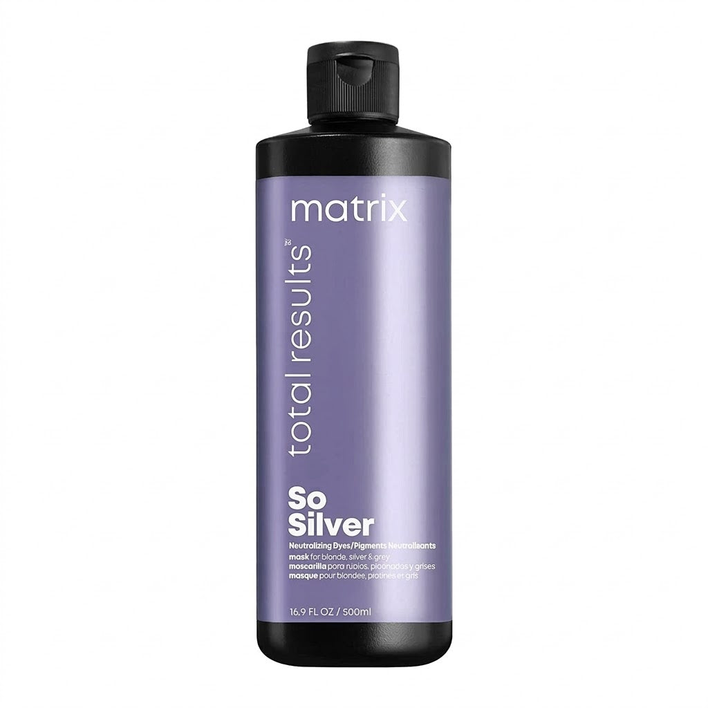A bottle of Matrix Total Results So Silver hair color mask on a plain white background.
