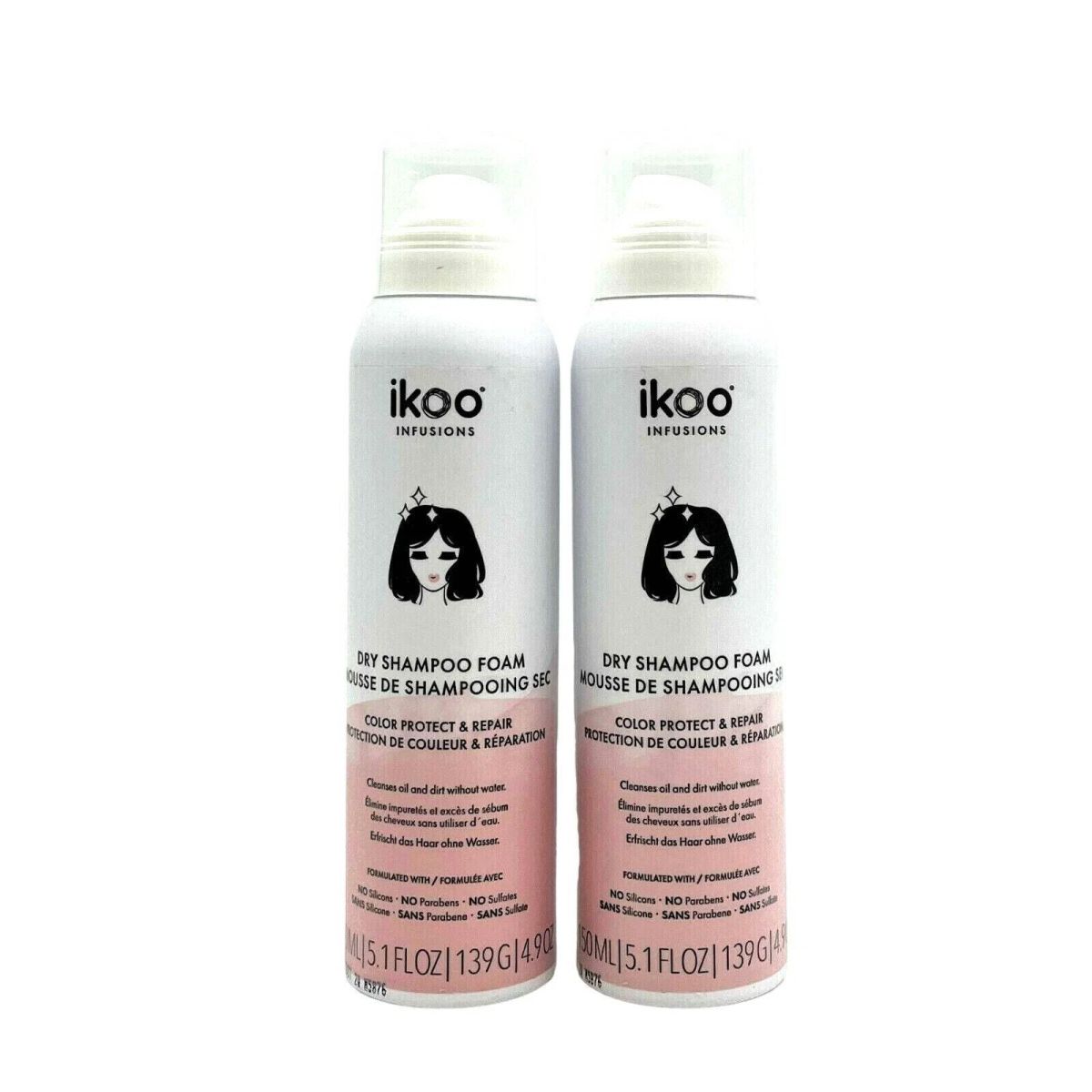 2 pack - Ikoo Dry Shampoo Foam / Color Protect & Repair 5.1 oz