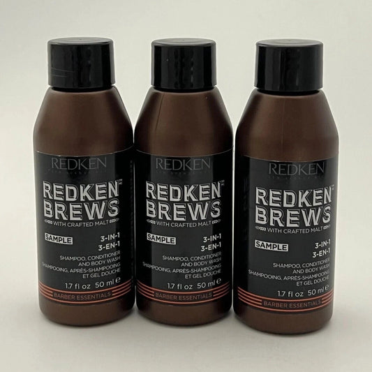 3 Pack - Redken brews 3 in1 shampoo conditioner / body wash 1.7 oz travel
