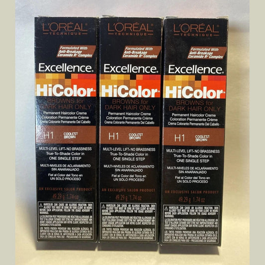 3-Pack Loreal Excellence Creme Permanent HiColor, 1.74 oz H1 Coolest Brown sale fs