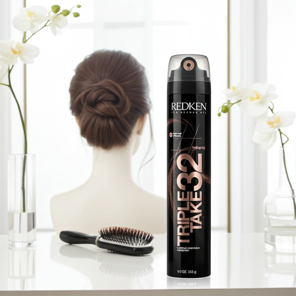 A can of Redken Professionals Triple Take 32 hair product stands on a white surface in front of a mannequin head with brown hair in a bun, with a hairbrush nearby and white orchid flowers on both sides.