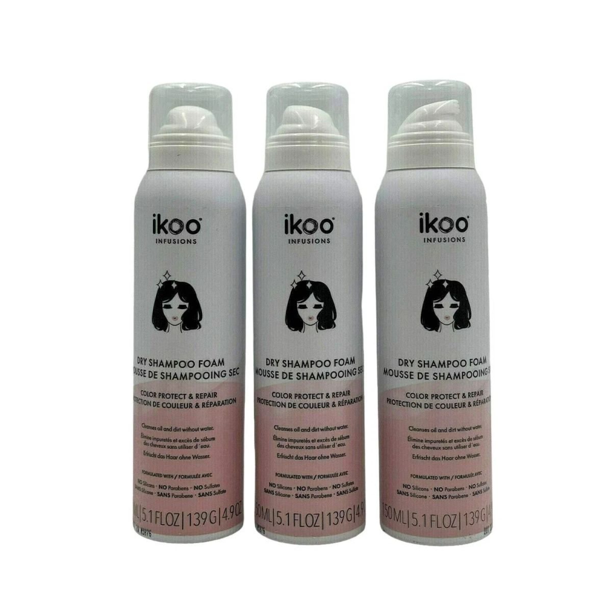 3 pack - Ikoo Dry Shampoo / Foam Color Protect & Repair 5.1 oz