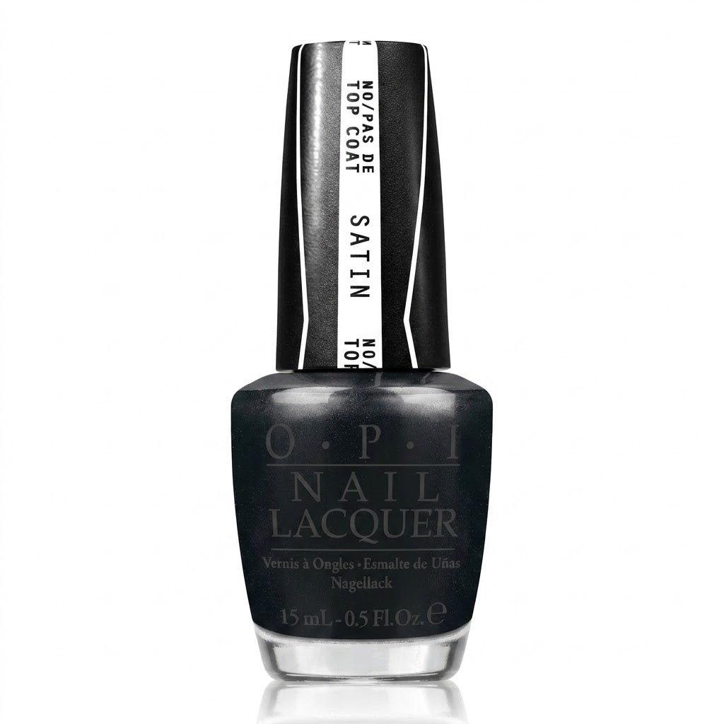 A bottle of OPI Nail Lacquer in the shade Nigellack, featuring a black bottle and a black cap with white text, set against a plain white background.