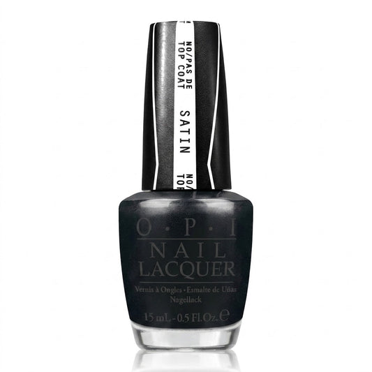 A bottle of OPI Nail Lacquer in the shade Nigellack, featuring a black bottle and a black cap with white text, set against a plain white background.