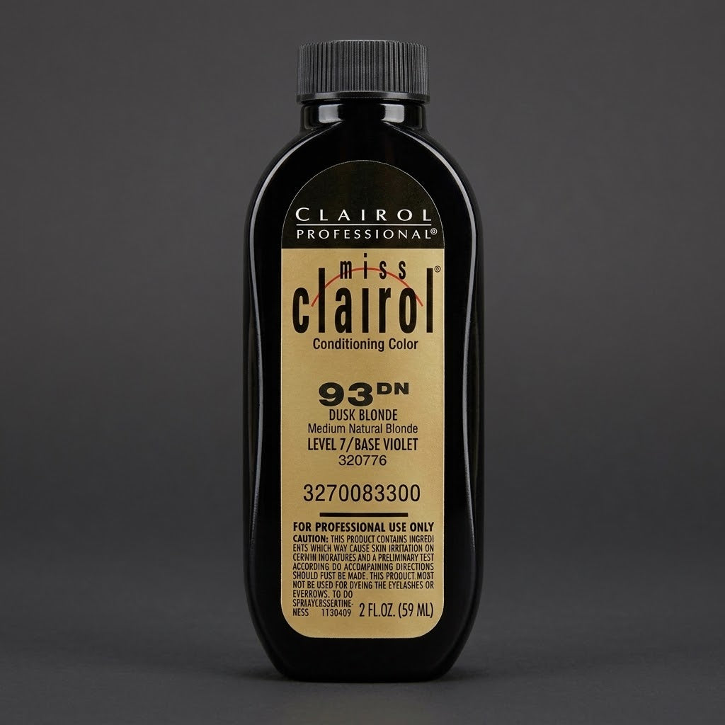 A bottle of Clairol Professional Miss Clairol 93DN Duck Blonde Conditioning Color on a dark gray background.