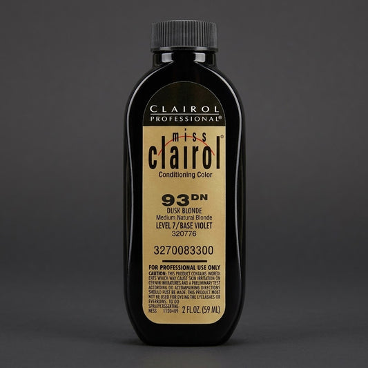 A bottle of Clairol Professional Miss Clairol 93DN Duck Blonde Conditioning Color on a dark gray background.