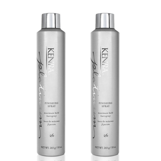 Two silver canisters of KENRA hair spray side by side on a white background.