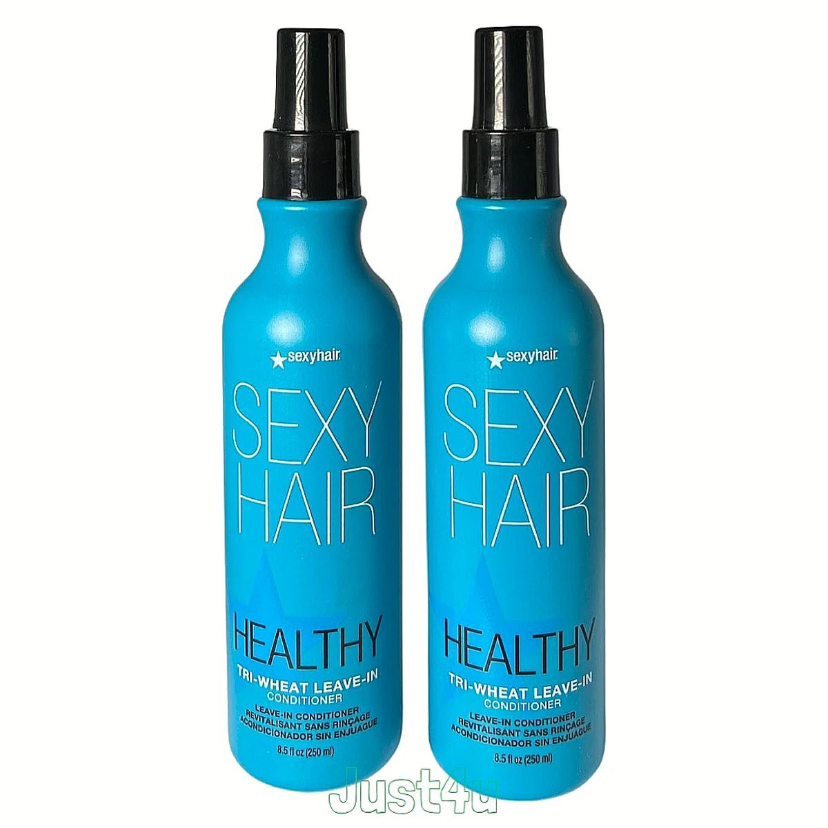 Two blue bottles of Sexy Hair Healthy Tri-Wheat Leave-In Conditioner with black spray tops, shown side by side on a white background.