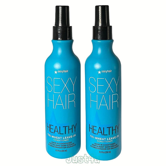 Two blue bottles of Sexy Hair Healthy Tri-Wheat Leave-In Conditioner with black spray tops, shown side by side on a white background.