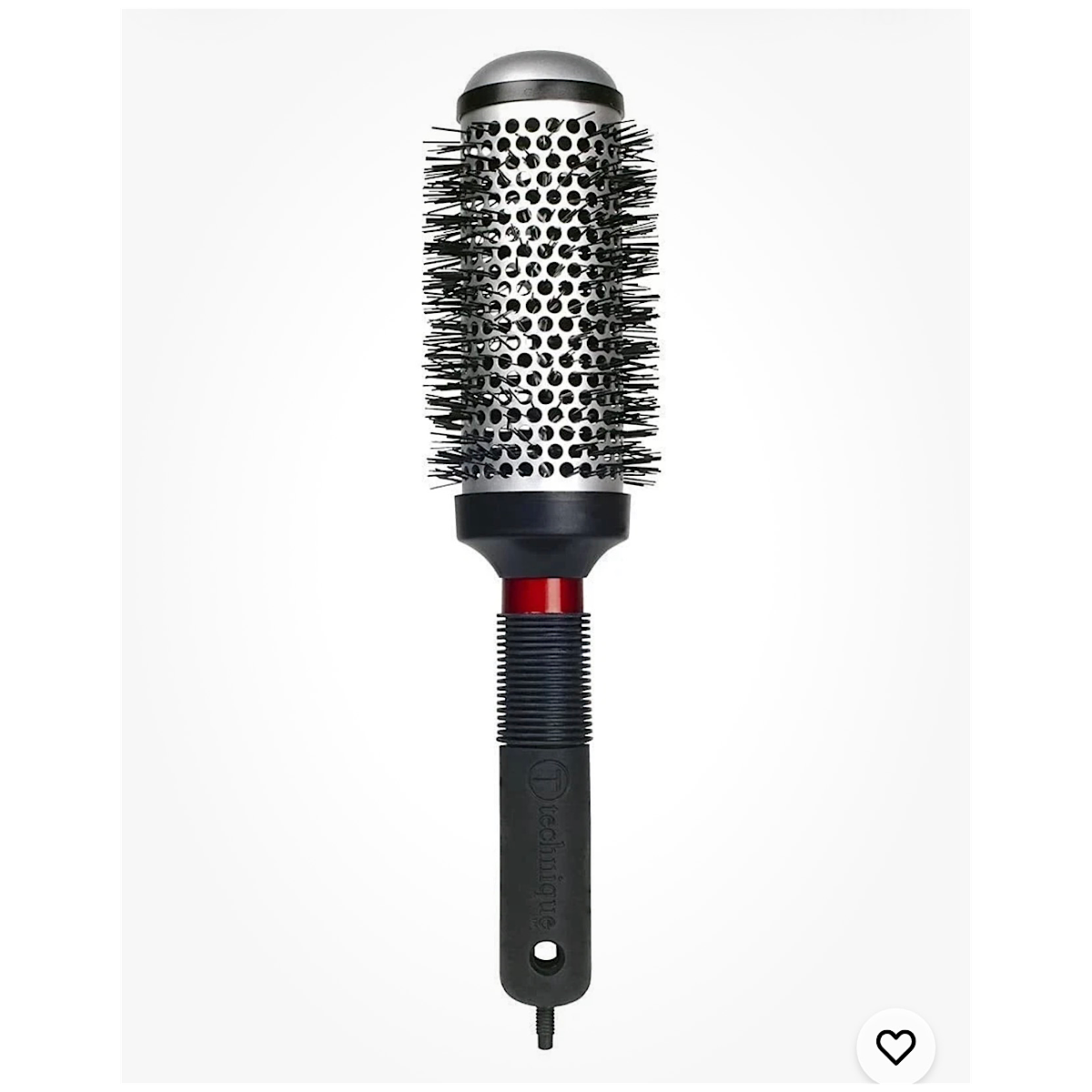 A round hot air brush hair styler with a black and silver barrel, black bristles, a red accent ring, and a black handle with the brand name 'Crown' visible.