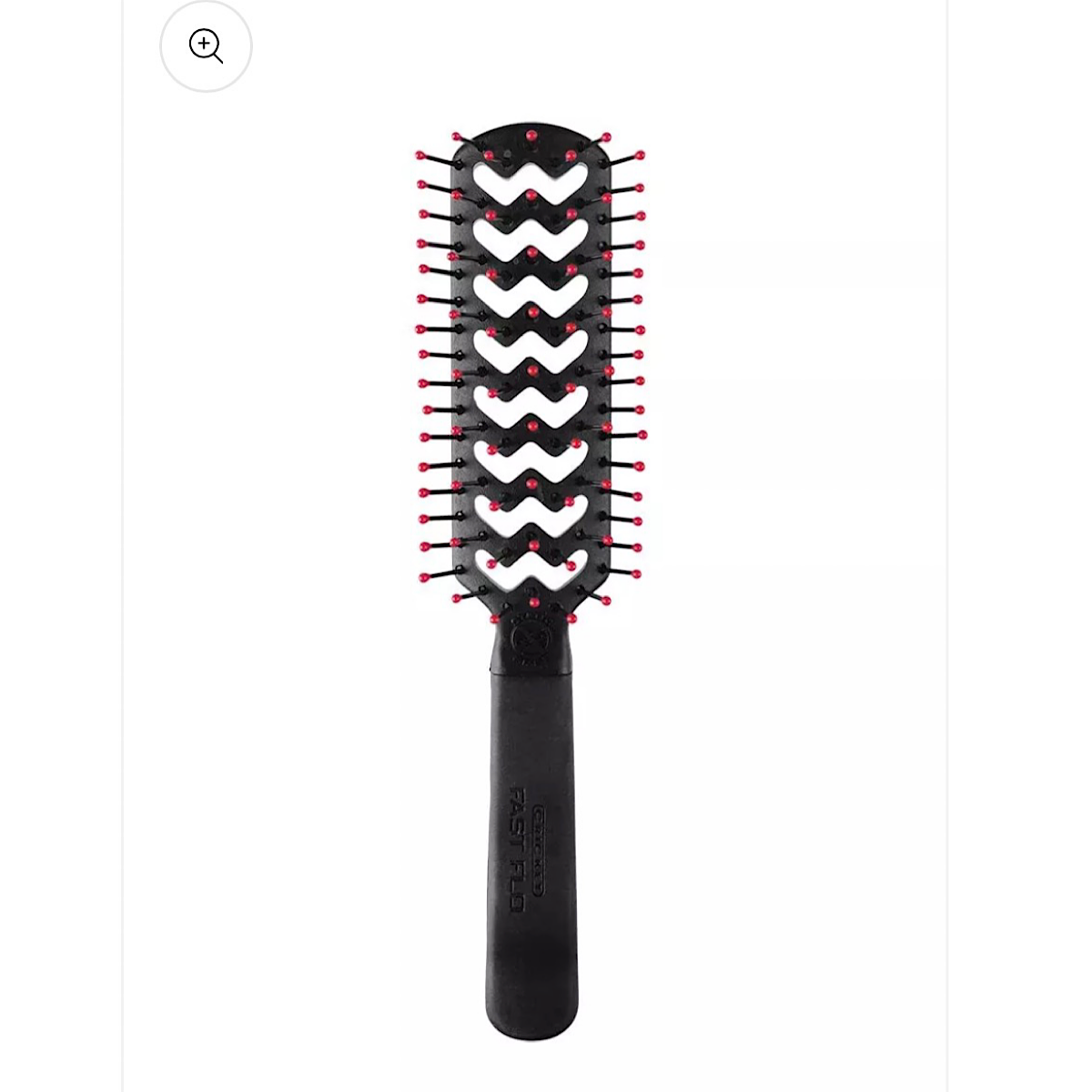 A black round hairbrush with a wavy pattern of white and black bristles and red-tipped bristles, shown on a white background.