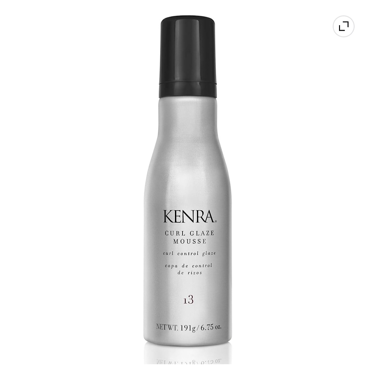 A bottle of Kenra Curl Glaze Mousse in shade 13, featuring a metallic silver body and a black cap, set against a plain white background.