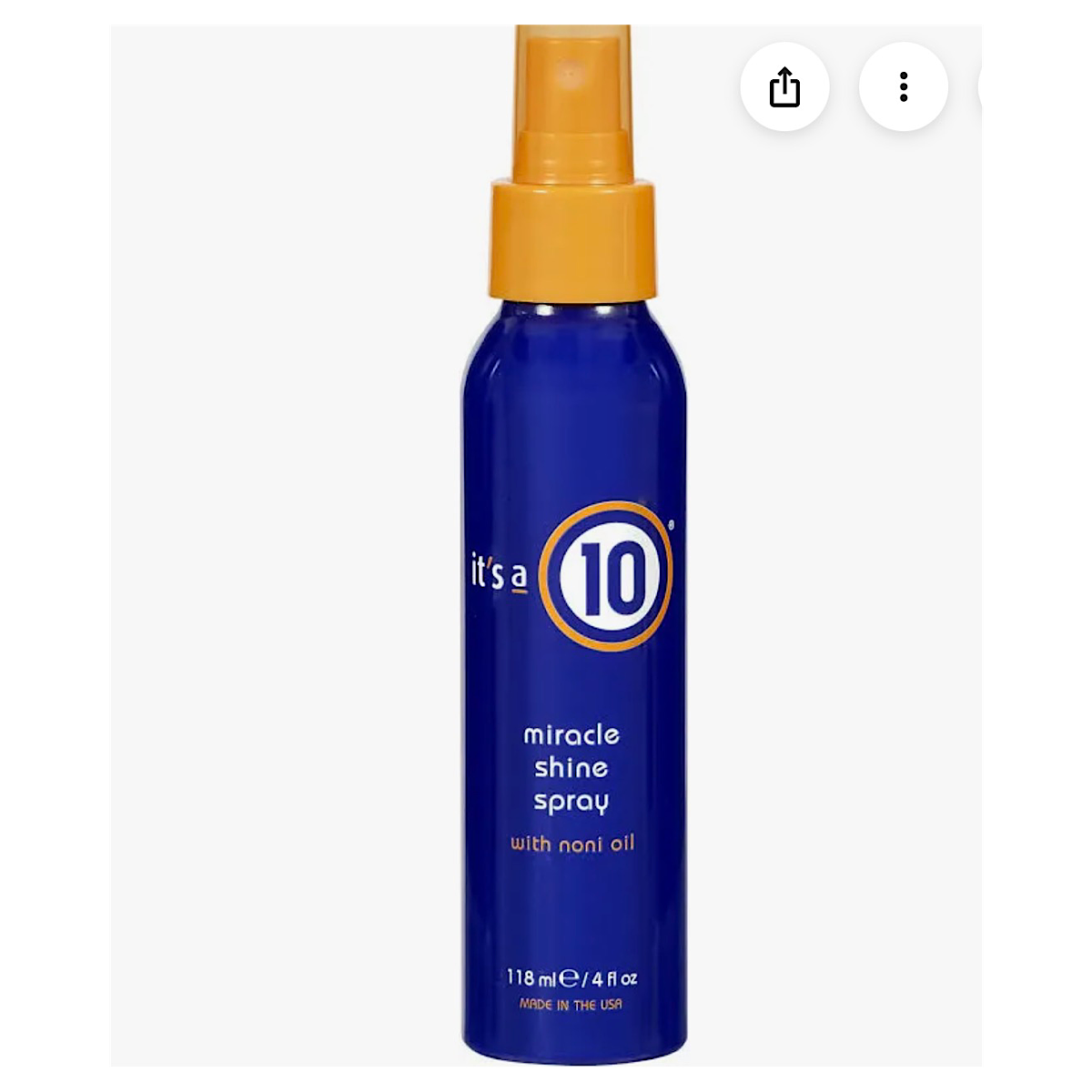 A bottle of It's a 10 Miracle Shine Spray with non-oil, featuring a dark blue bottle and a gold spray nozzle, shown on a light gray background.