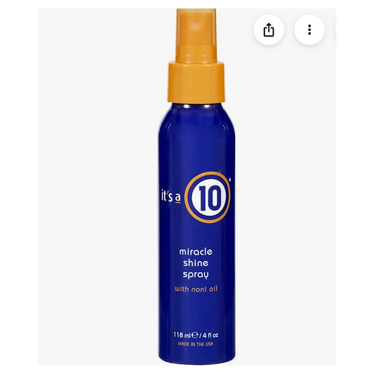A bottle of It's a 10 Miracle Shine Spray with non-oil, featuring a dark blue bottle and a gold spray nozzle, shown on a light gray background.