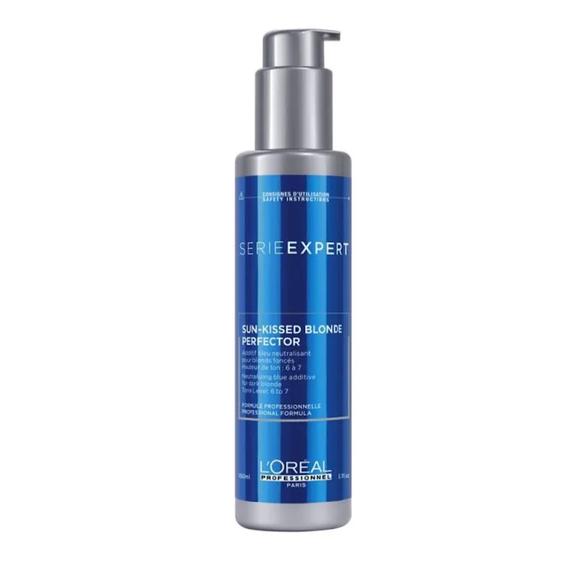 L'Oréal Professionnel Professionnel Series Expert Sun-Kissed Blonde Perfector in a blue and silver pump bottle, shown on a plain white background.
