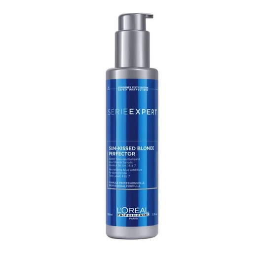 L'Oréal Professionnel Professionnel Series Expert Sun-Kissed Blonde Perfector in a blue and silver pump bottle, shown on a plain white background.