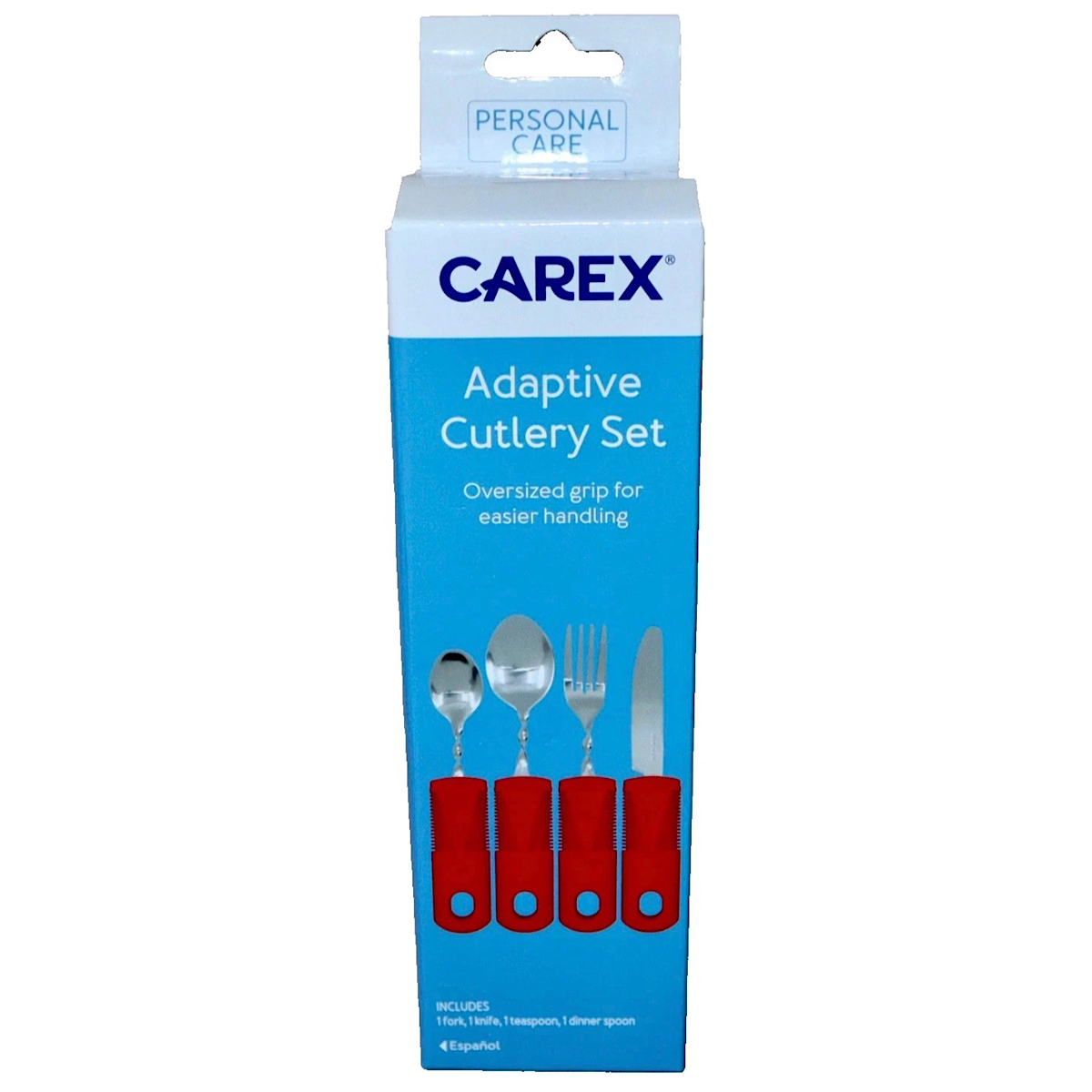 CAREX Adaptive Cutlery Set in its retail packaging, featuring a blue and white box with illustrations of a spoon, teaspoon, fork, and knife with red handles.
