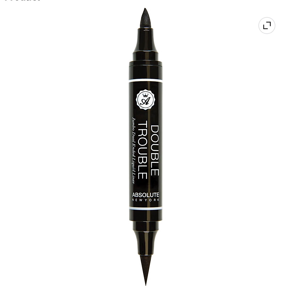 A black double-ended liquid eyeliner pen with white text reading 'DOUBLE TROUBLE ABSOLUTE LONDON' on a clean white background.