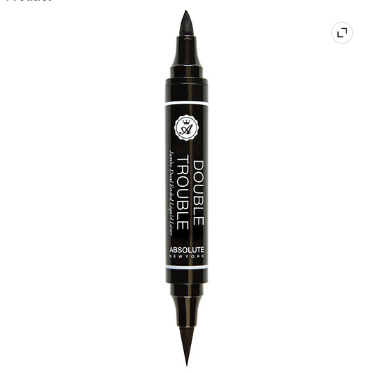 A black double-ended liquid eyeliner pen with white text reading 'DOUBLE TROUBLE ABSOLUTE LONDON' on a clean white background.