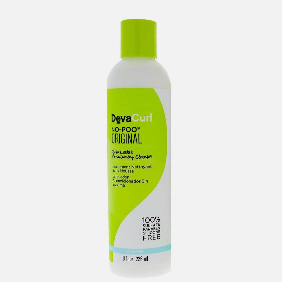 A bottle of DevaCurl No-Poo Original Tens Leather Conditioning Cleanser, featuring a white bottle with a bright lime green cap and a matching lime green and white label, set against a light gray background.