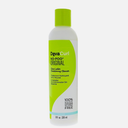 A bottle of DevaCurl No-Poo Original Tens Leather Conditioning Cleanser, featuring a white bottle with a bright lime green cap and a matching lime green and white label, set against a light gray background.