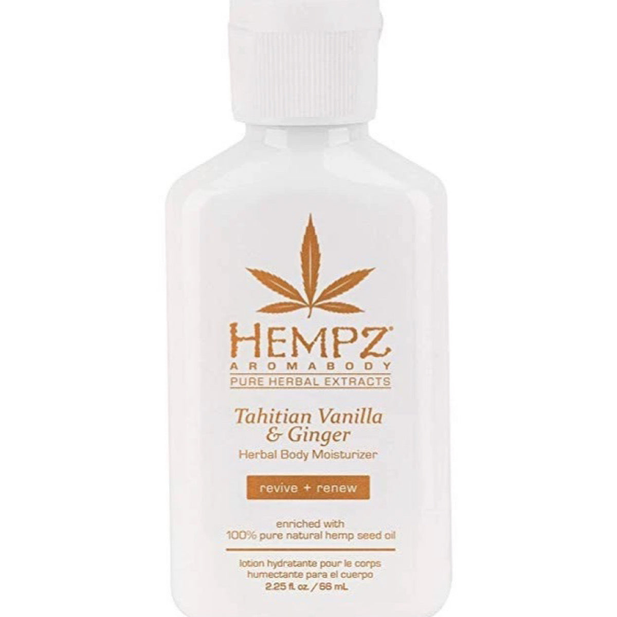 A white bottle of Hempz Aromabody Tahitian Vanilla & Ginger Herbal Body Moisturizer 2.25 oz with a white cap