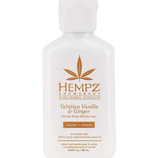 A white bottle of Hempz Aromabody Tahitian Vanilla & Ginger Herbal Body Moisturizer 2.25 oz with a white cap