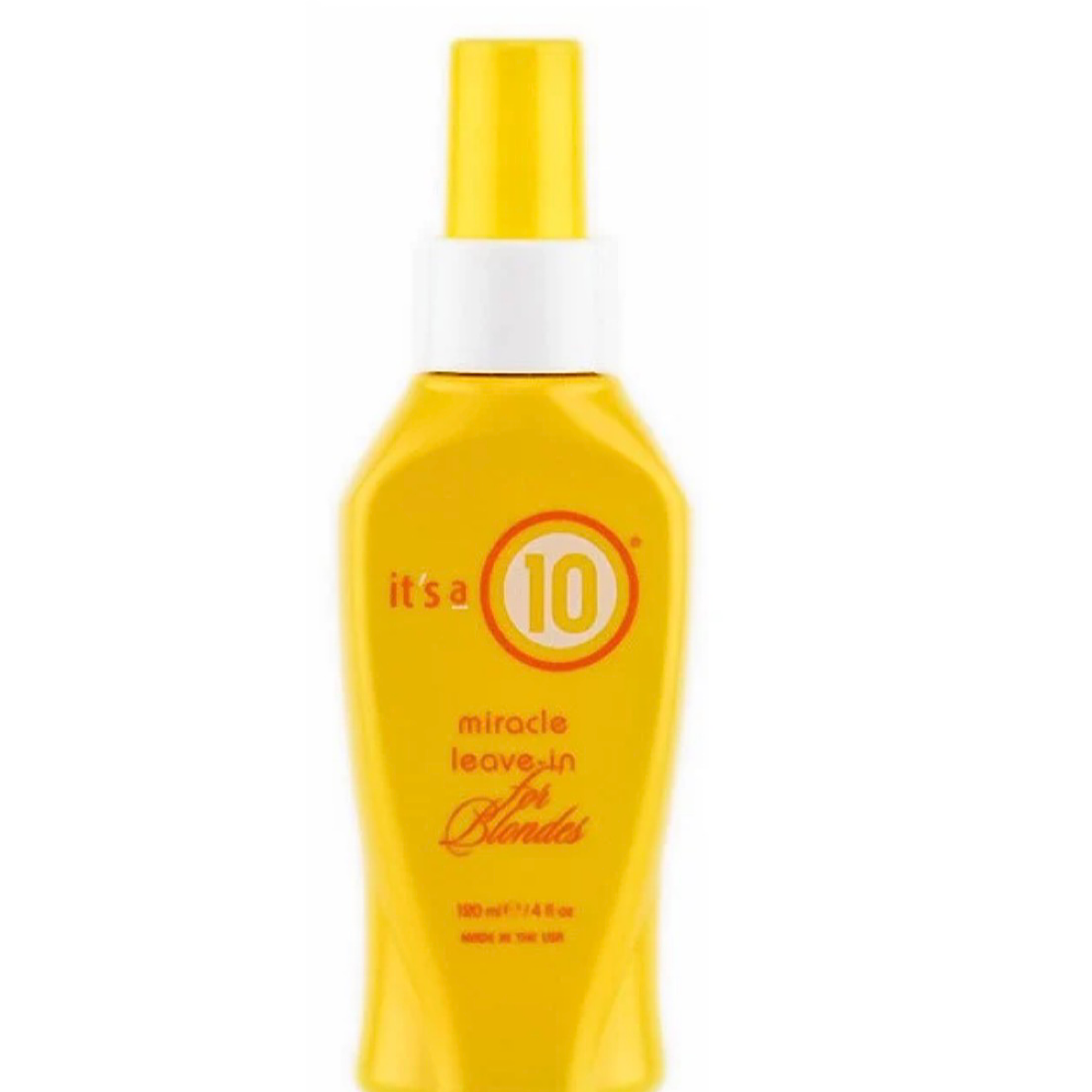 A yellow bottle of It's a 10 Miracle Leave-In for Blondes with a white collar and yellow spray nozzle, shown against a plain white background.