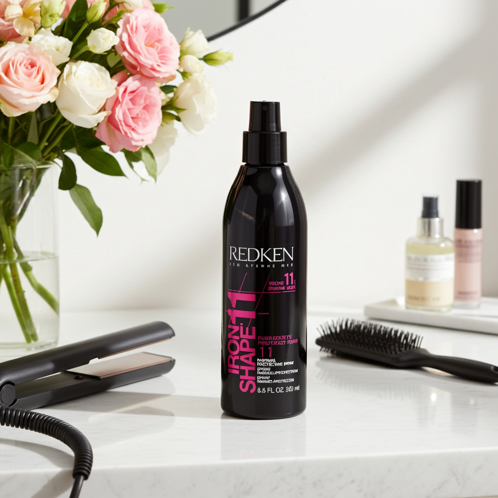 Redken Hairway Iron Shandy Hold Spray bottle on a white marble surface, surrounded by hair styling tools and a vase of pink and white roses.