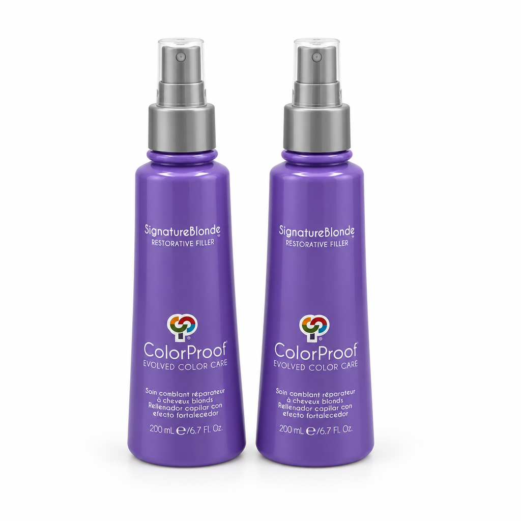 Two purple bottles of ColorProof Signature Blondes Restorative Filler and Resinative Filler with silver spray pumps, shown on a white background.