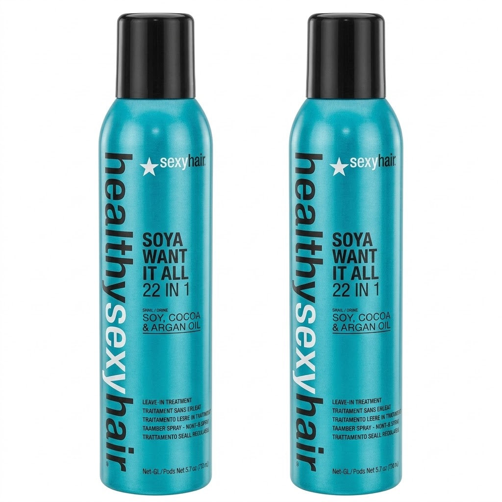 Two teal spray bottles of Sexy Hair Healthy Sexy Hair Soya Want It All 22 In 1 treatment spray on a white background.