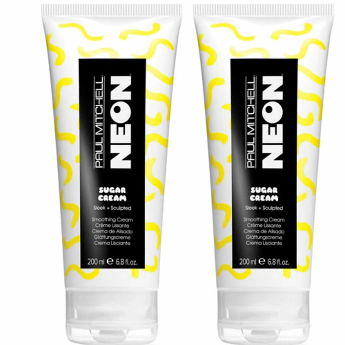Paul Mitchell Neon Sugar Cream Smoothing Hair Lotion 2-pack, sleek and sculpted styling cream in white tubes with yellow wavy design