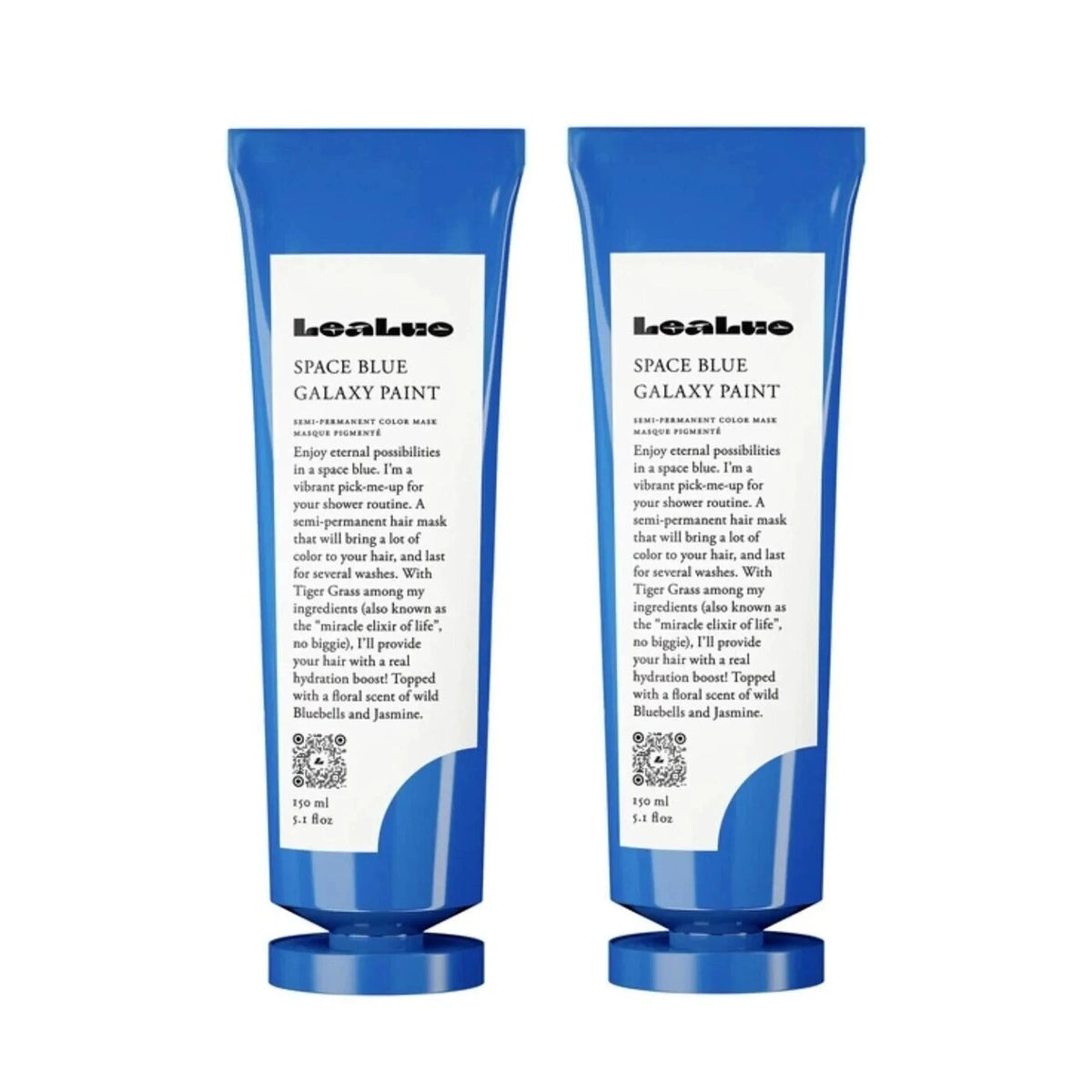 Two blue squeeze tubes of Leaky Space Blue Galaxy Paint hair color shown side by side on a plain white background.