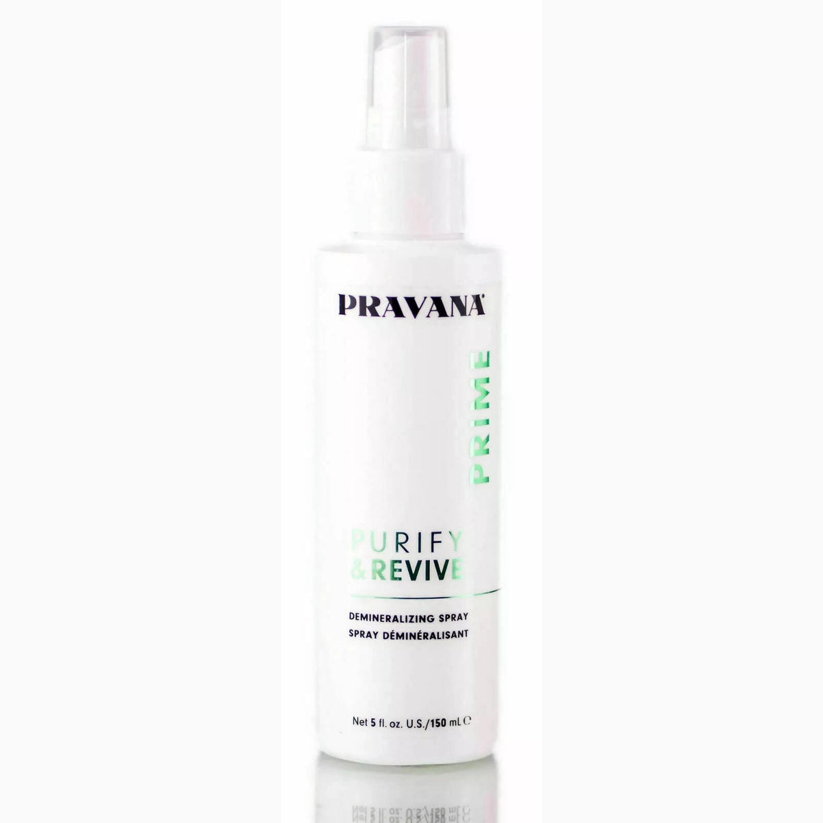 A white bottle of Pravana Purify & Revive Mineralizing Spray with a clear spray top, shown on a white background with a subtle reflection.