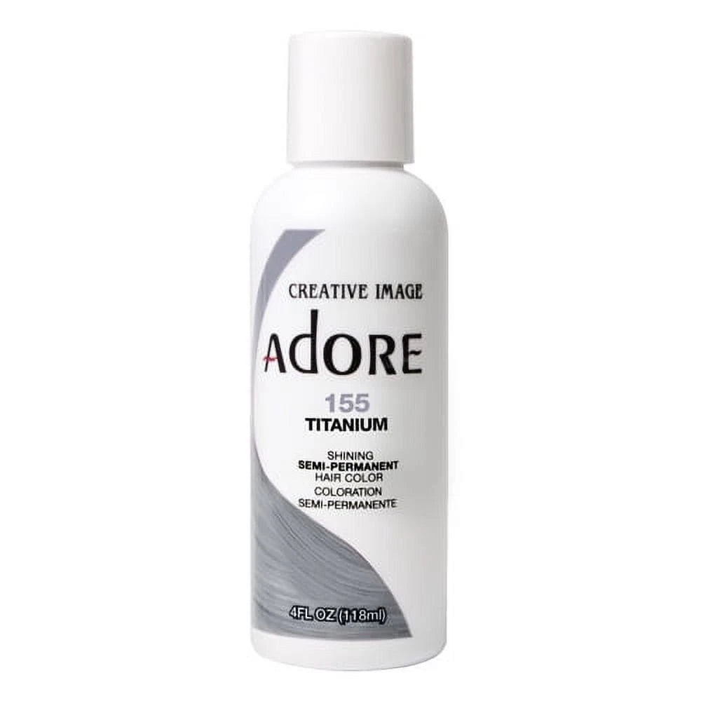 A white bottle of Creative Image ADOre 155 Titanium semi-permanent hair color on a plain white background.