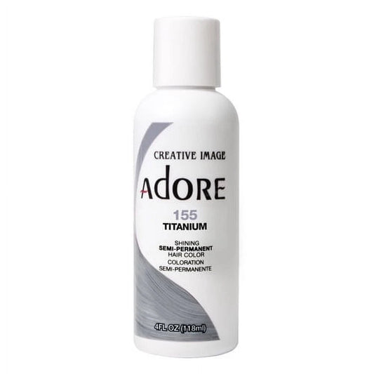 A white bottle of Creative Image ADOre 155 Titanium semi-permanent hair color on a plain white background.