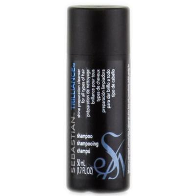 Sebastian Trilliance shampoo  1.7 oz in a black cylindrical bottle with blue and white text and logo, shown against a plain white background.