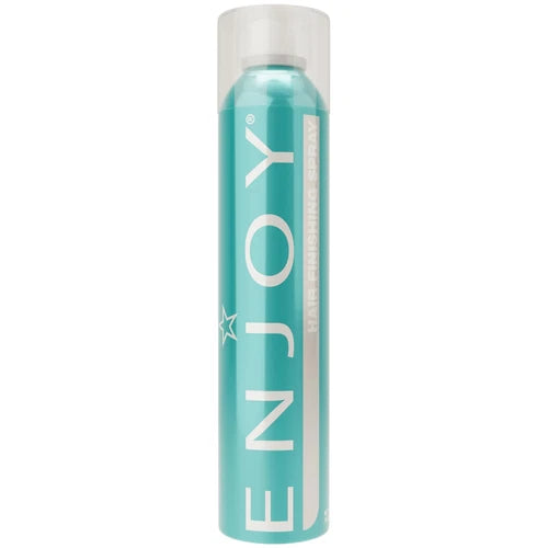 A turquoise and white aerosol can of ENJOY  Hair Finishing Spray on a solid white background.