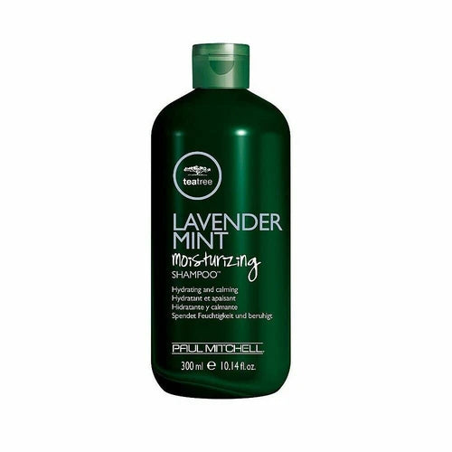 A 300 ml bottle of Paul Mitchell Lavender Mint Moisturizing Shampoo in a dark green bottle with a matching green cap, on a plain white background.