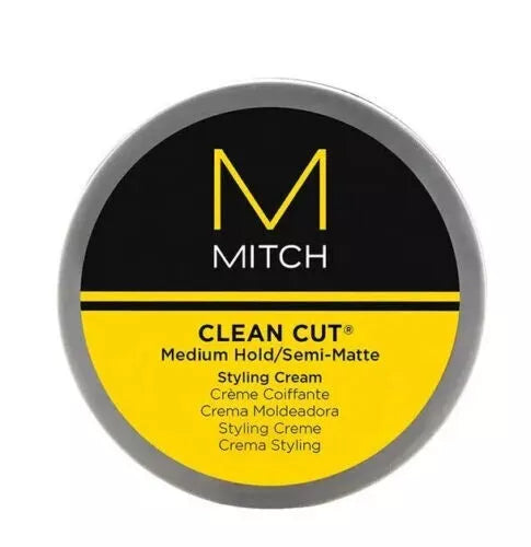 Paul Mitchell Mitch Clean Cut Medium Hold Styling Cream in silver 3 oz jar with black and yellow label