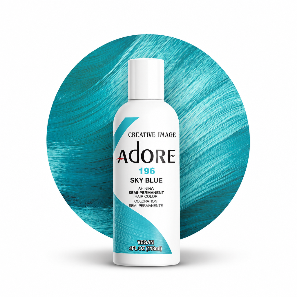 A bottle of Creative Image Adore 196 Sky Blue semi-permanent hair color stands in front of a large circular teal hair-color swatch on a white background.