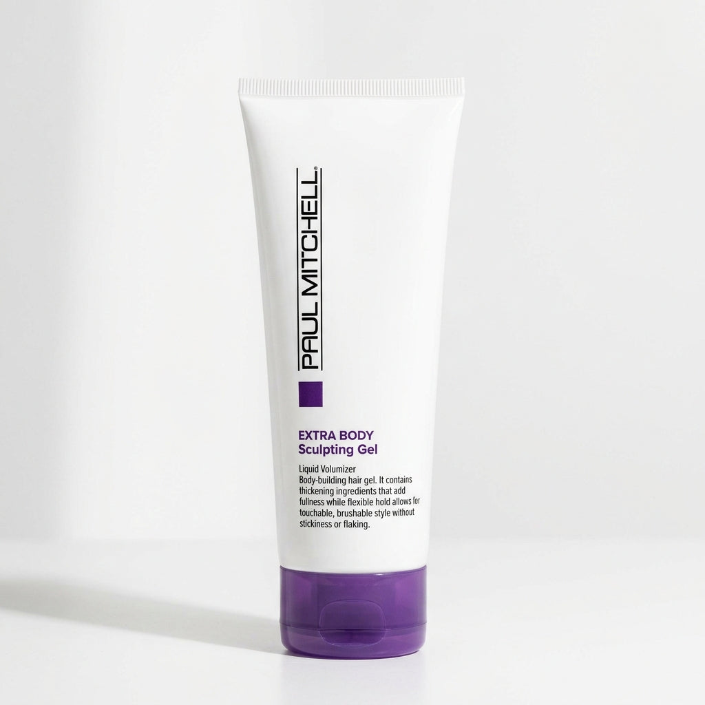A white squeeze tube of Paul Mitchell Extra Body Sculpting Gel with a purple cap, set against a clean white background.