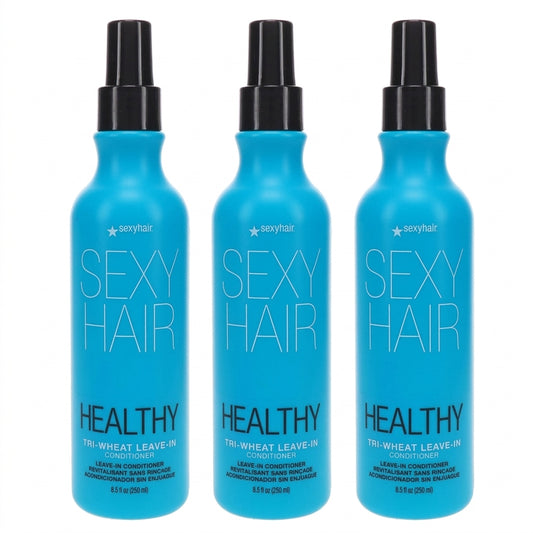 Three identical bottles of Sexy Hair Healthy Tri-Wheat Leave-In Conditioner arranged side by side on a plain white background.